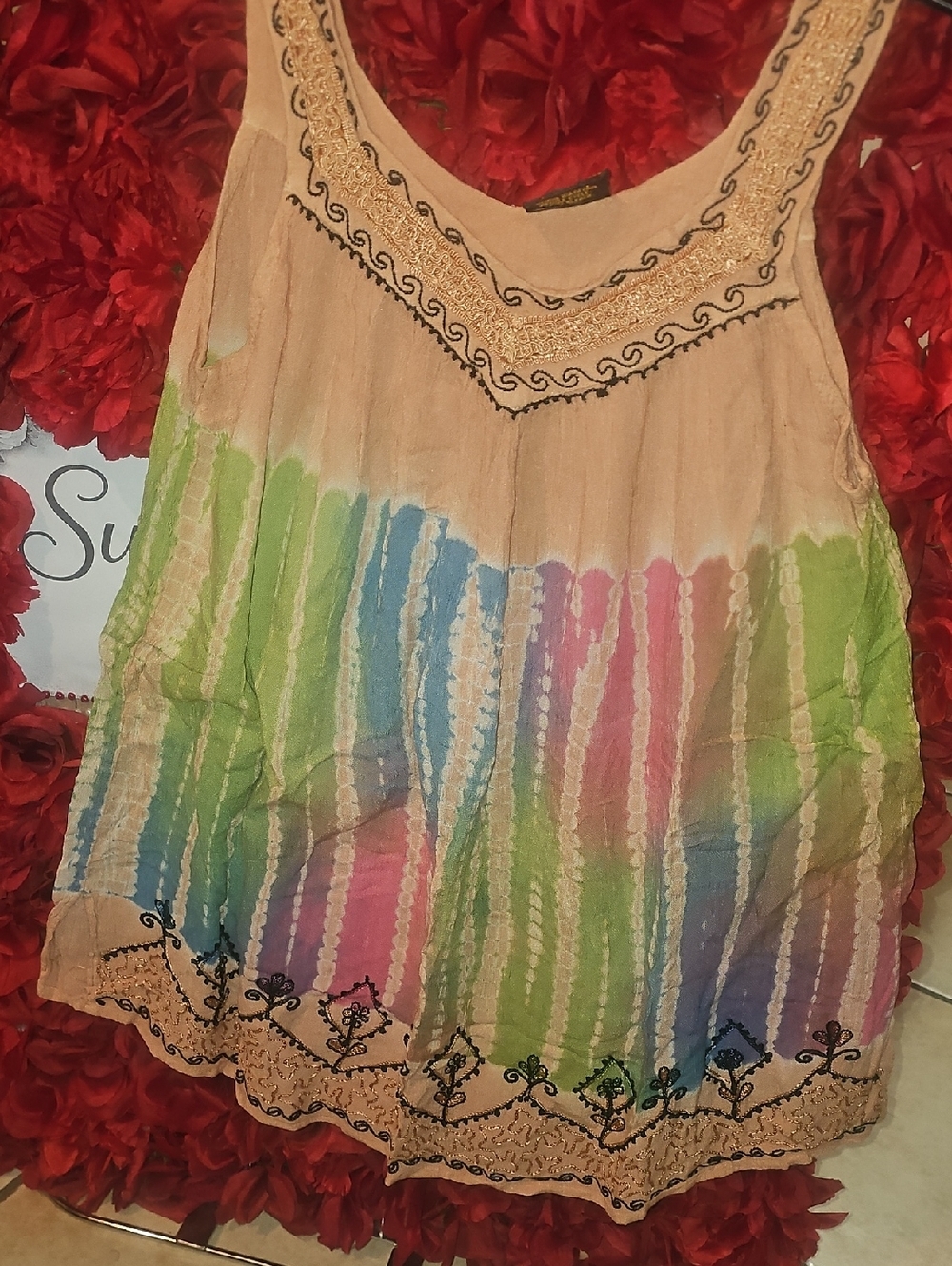 Rima Beachworld Embroidered Boho Tie-Dye Tank Top in Pastel Rainbow One Size